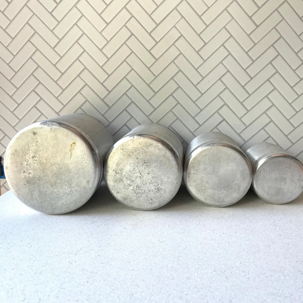 1950s Vintage Spun Aluminum Kitchen Canister Set of 4 Nesting Art Deco MCM